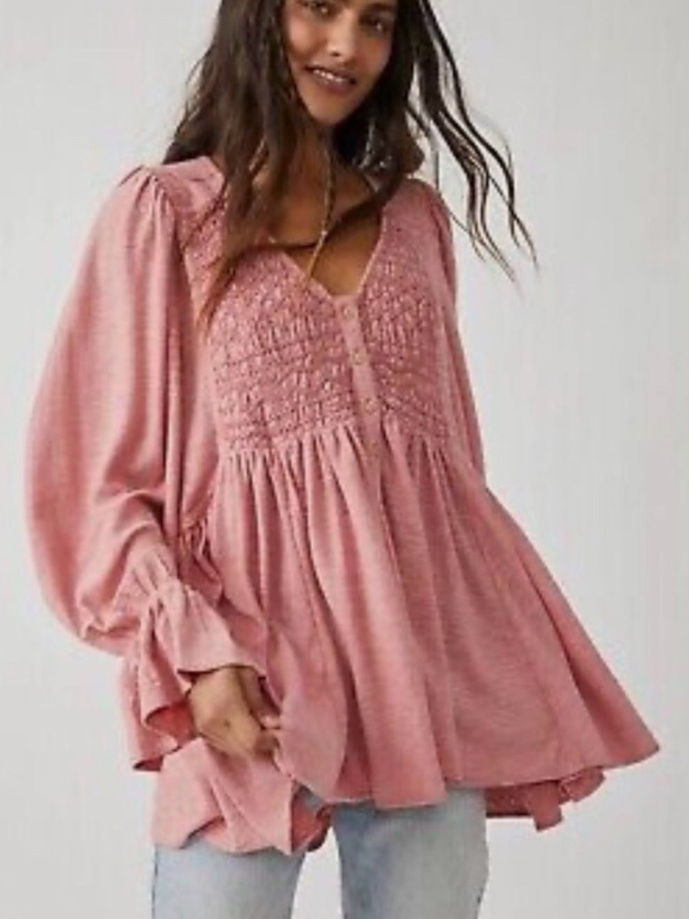 Free People Don’t Call Me Baby Pink Smocked Babydoll Top Women’s SMALL